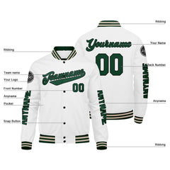 Maßgeschneiderte Dunkelgrün Weiß Creme Letterman Varsity Jacket Individuelle Stickerei Druck nach Ihrem Wunsch