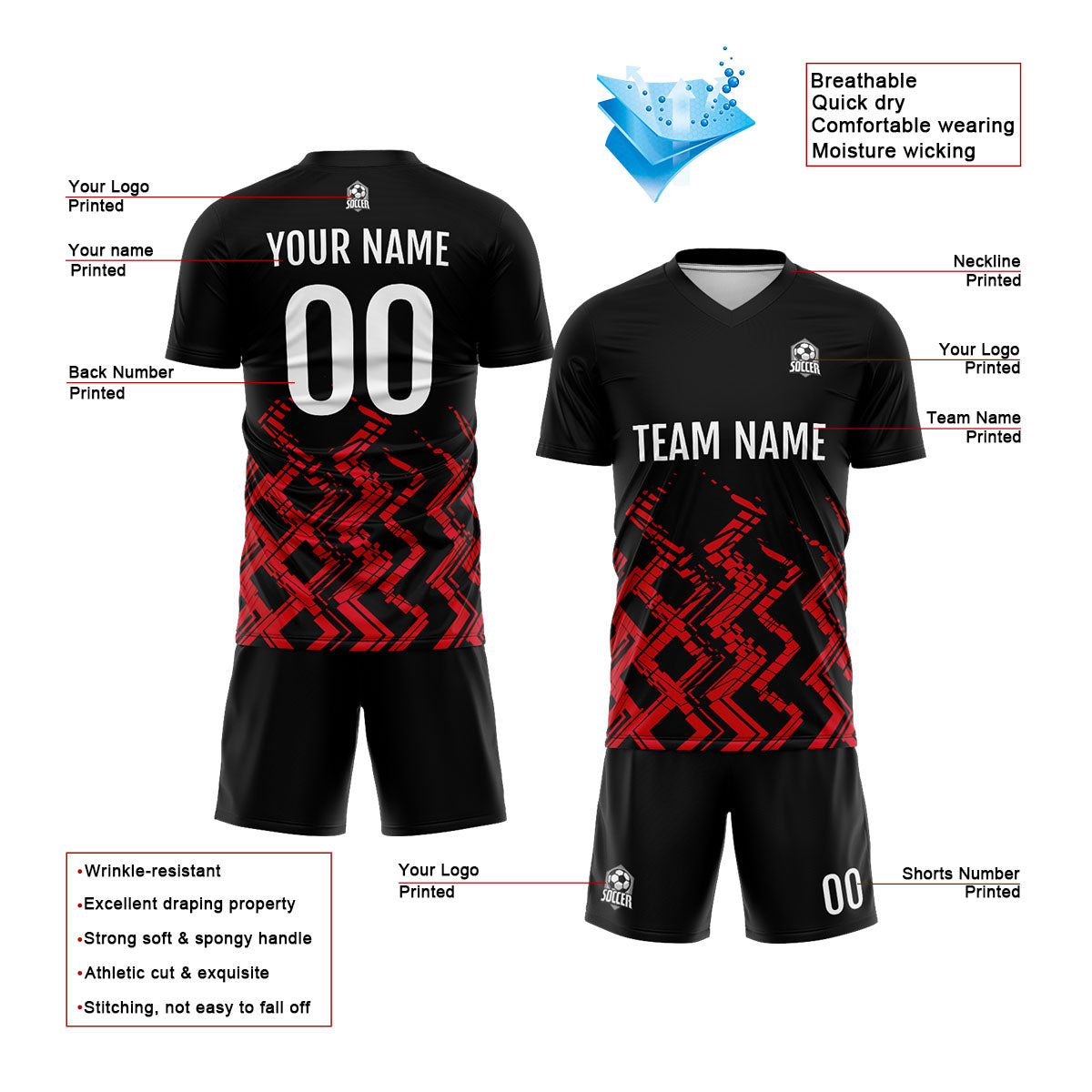 Benutzerdefinierte Schwarz Rot Fußball Trikots für Männer Frauen Personalisierte Fußball Uniformen für Erwachsene und Kind