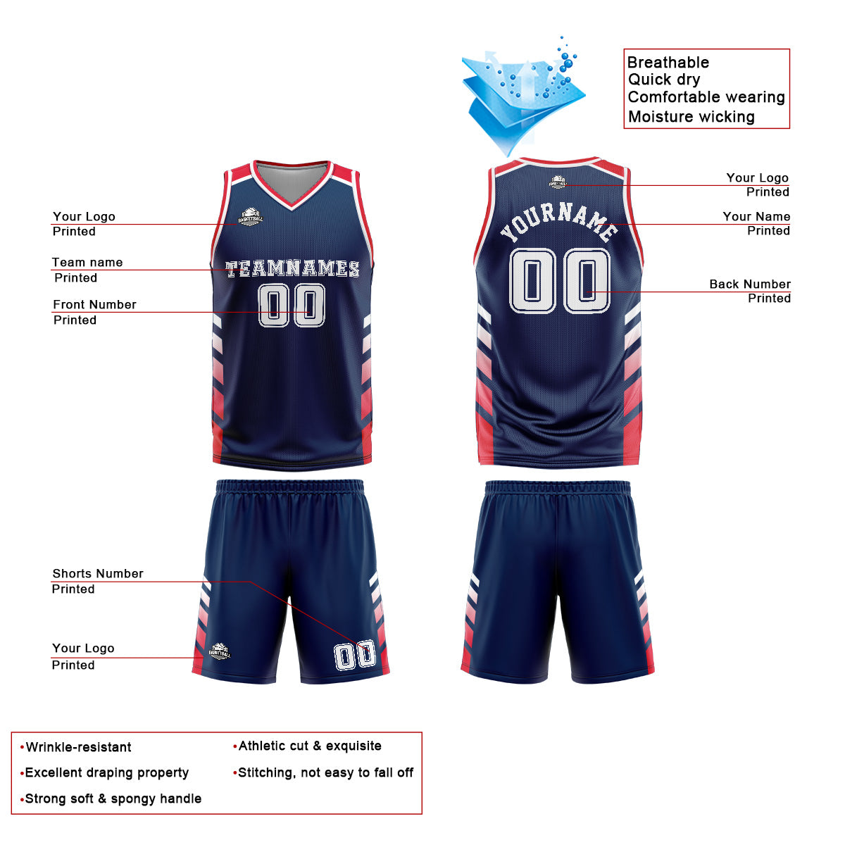 Benutzerdefinierter Marine Rot Basketball Jersey Uniform Anzug gedruckt Ihr Logo Name Nummer