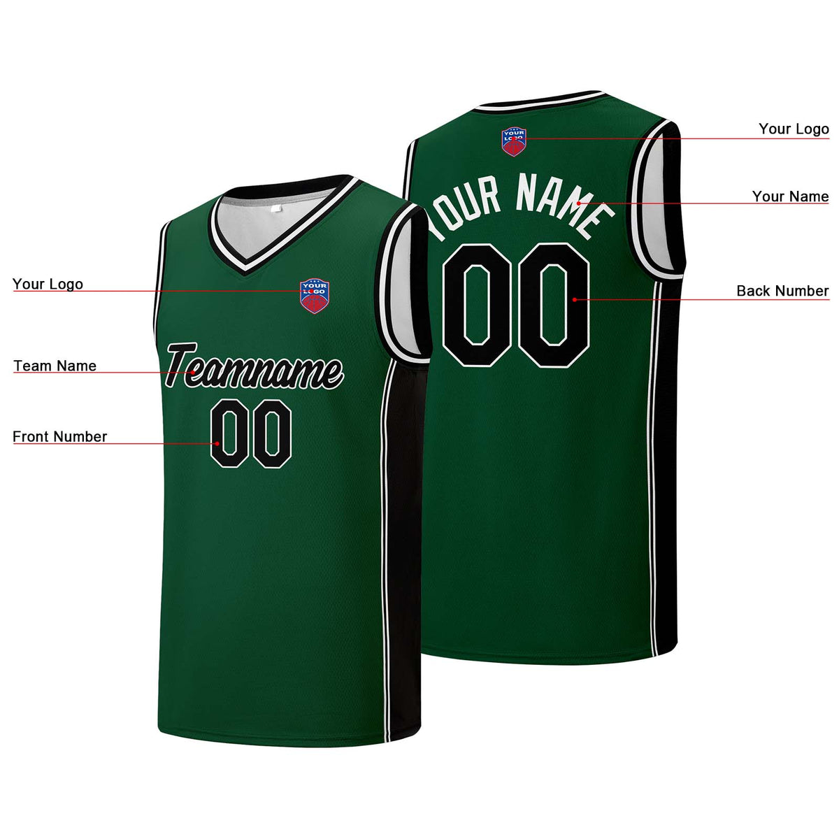 Individuelle Basketball-Jersey-Shorts für Männer und Frauen. Gestickter und gedruckter Name, Nummer und Logo Dunkelgrün