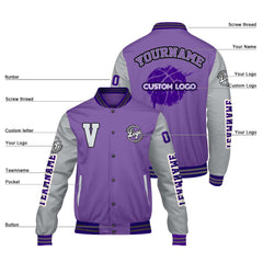 Maßgeschneiderte Lila Grau Letterman Varsity Jacket Individuelle Stickerei Druck nach Ihrem Wunsch