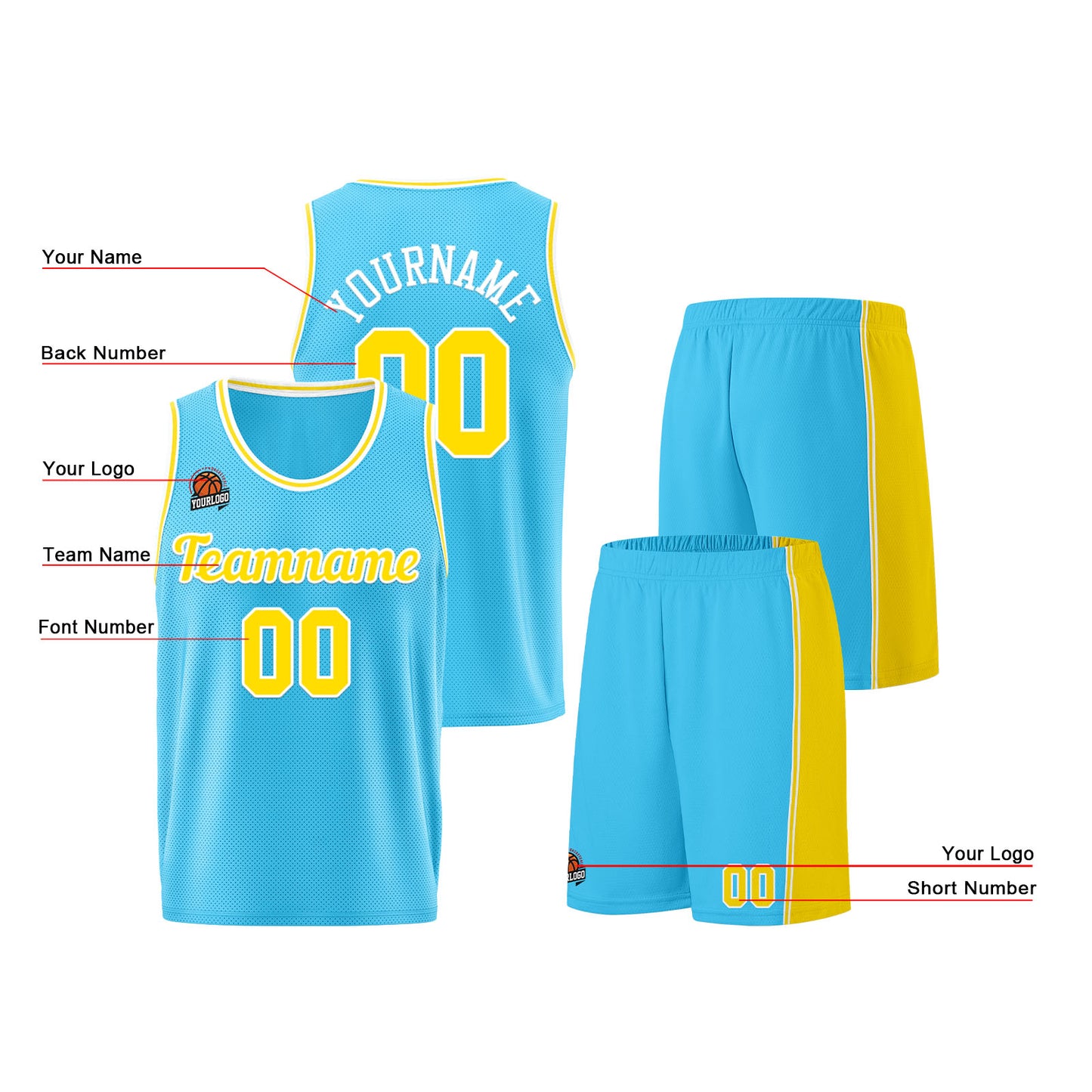 Individuelle Hellblau Gelb Basketball Jersey Shorts für Männer und Frauen Gestickter und gedruckter Name, Nummer und Logo
