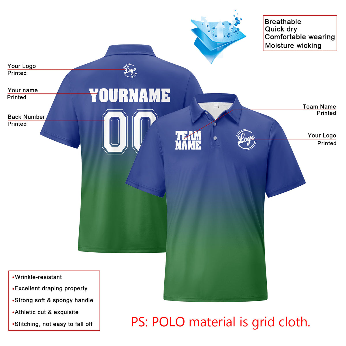 Benutzerdefinierte Blau Grün Fußball Gradient Polo-Shirts Fügen Sie Ihr Einzigartiges hinzu Logo/Name/Nummer