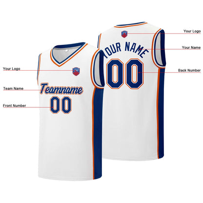 Individuelle Basketball-Jersey-Shorts für Männer und Frauen. Gestickter und gedruckter Name, Nummer und Logo Weiß&Royal&Orange