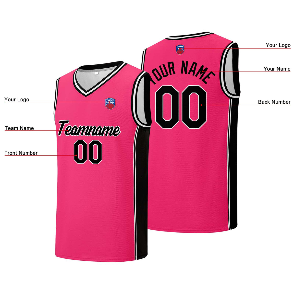 Individuelle Basketball-Jersey-Shorts für Männer und Frauen. Gestickter und gedruckter Name, Nummer und Logo Rosa&Schwarz