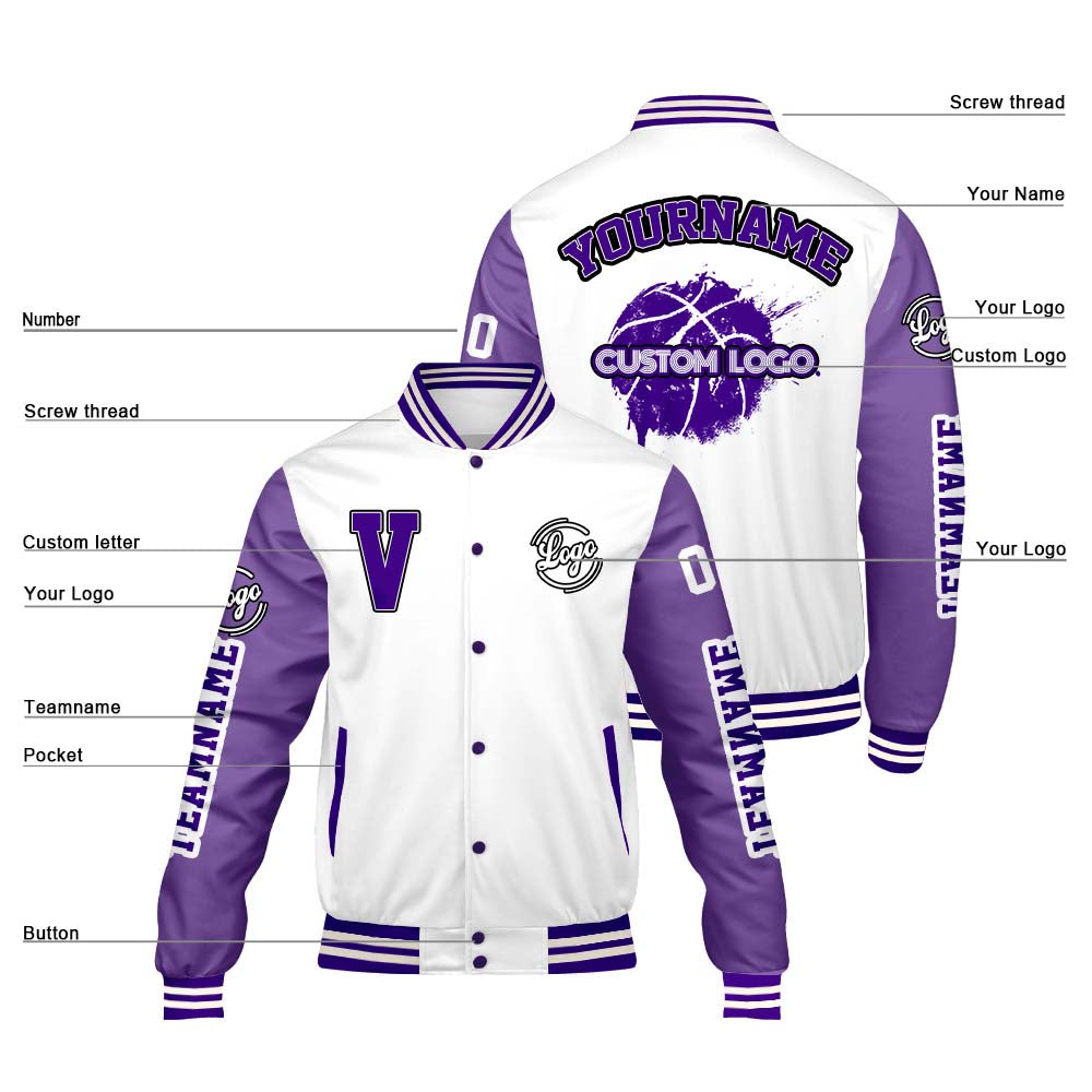 Maßgeschneiderte Weiß Lila Letterman Varsity Jacket Individuelle Stickerei Druck nach Ihrem Wunsch