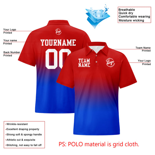 Benutzerdefinierte Rot Blau Fußball Gradient Polo-Shirts Fügen Sie Ihr Einzigartiges hinzu Logo/Name/Nummer