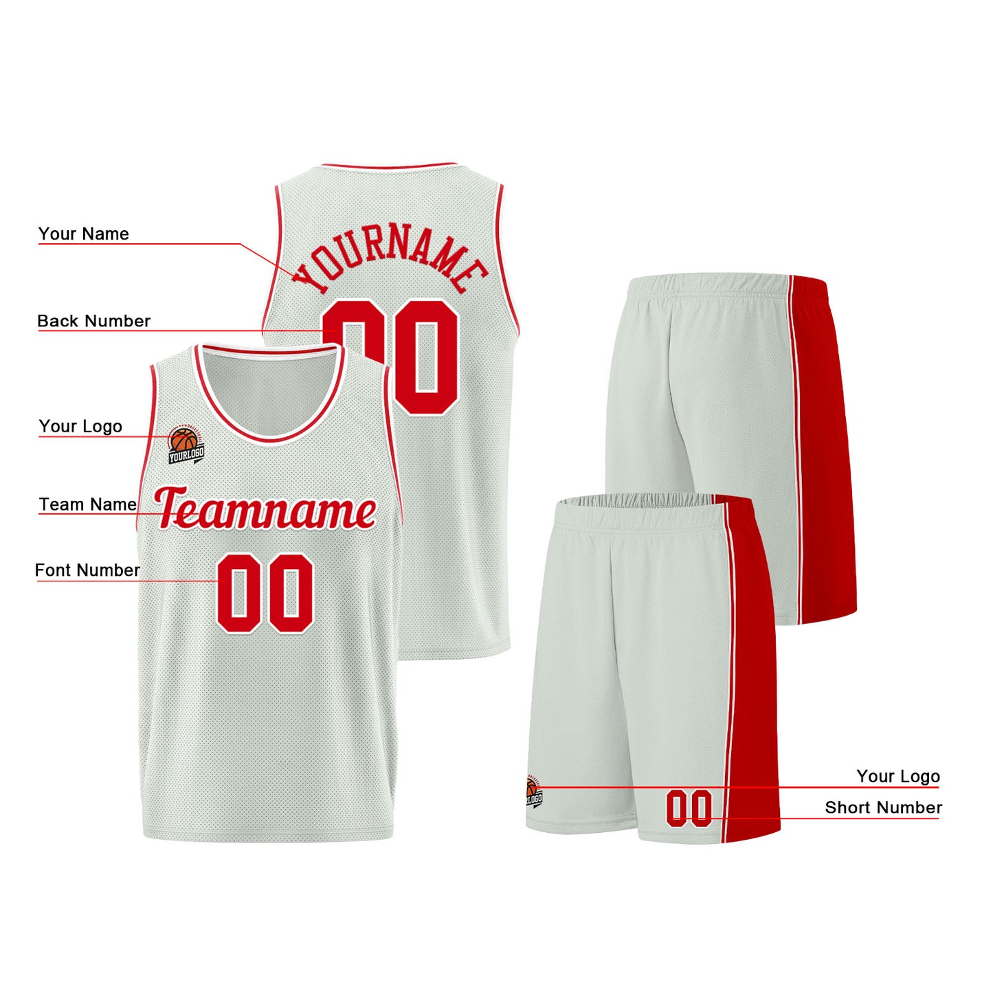 Individuelle Grau-Rot Basketball Jersey Shorts für Männer und Frauen Gestickter und gedruckter Name, Nummer und Logo
