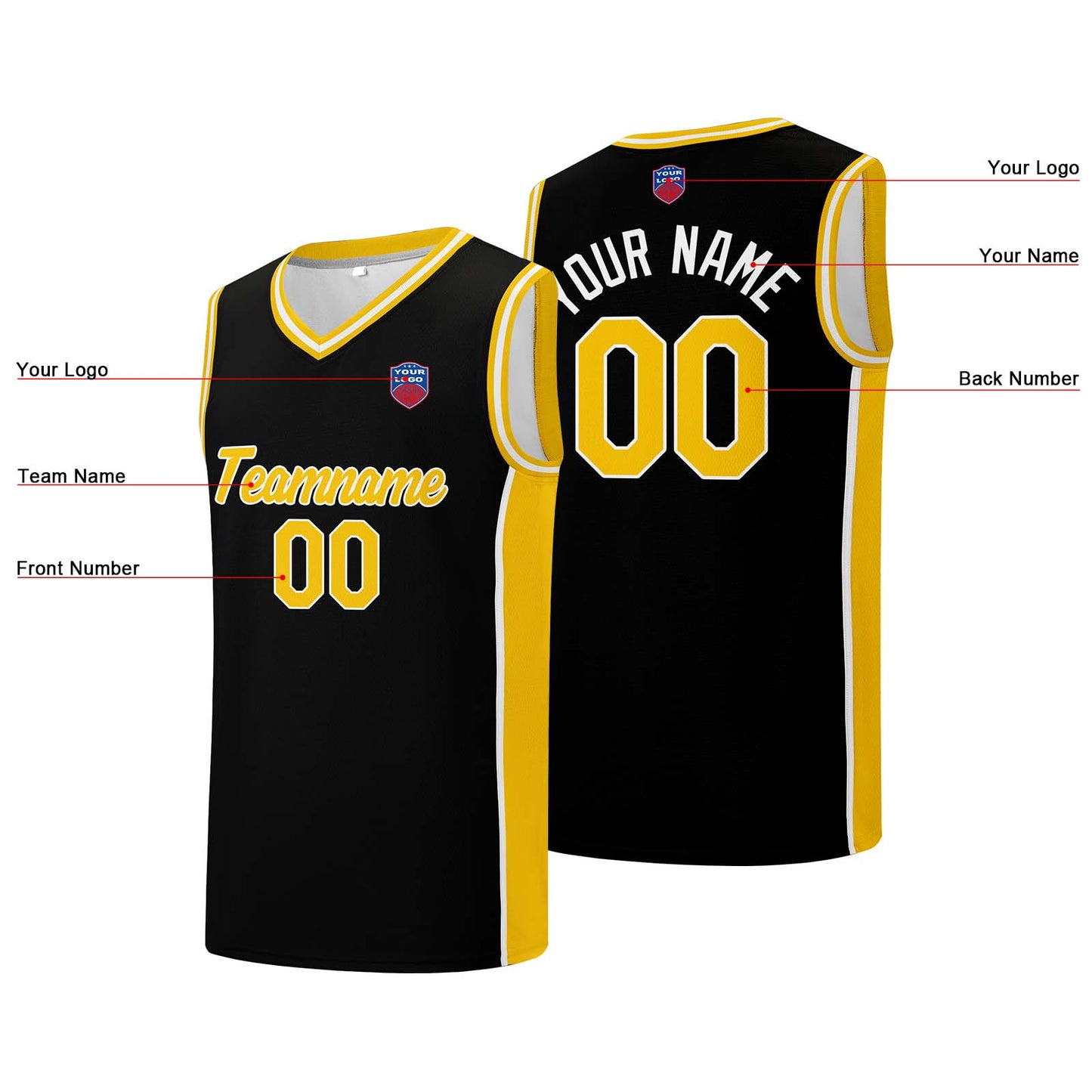 Individuelle Basketball-Jersey-Shorts für Männer und Frauen. Gestickter und gedruckter Name, Nummer und Logo Schwarz