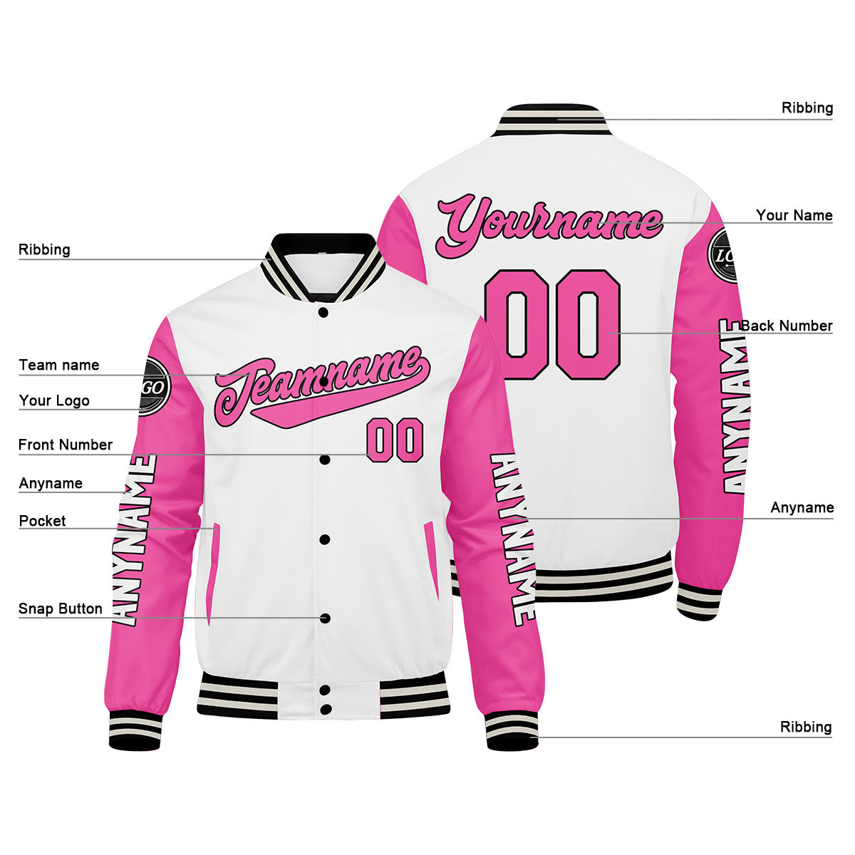 Maßgeschneiderte Weiß Rosa Letterman Varsity Jacket Individuelle Stickerei Druck nach Ihrem Wunsch