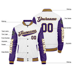 Maßgeschneiderte Lila Weiß Gelb Letterman Varsity Jacket Individuelle Stickerei Druck nach Ihrem Wunsch