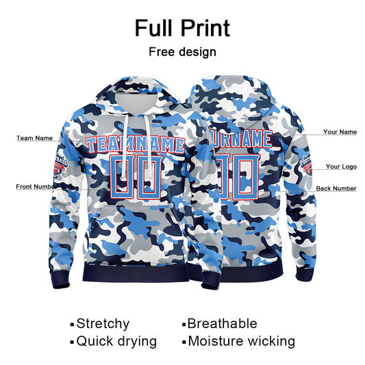 Benutzerdefinierter Sweatshirt-Hoodie für Mann, Frau, Mädchen, Junge. Drucken Sie Ihr Logo, Ihren Namen und Ihre Nummer Hellblau-Marineblau