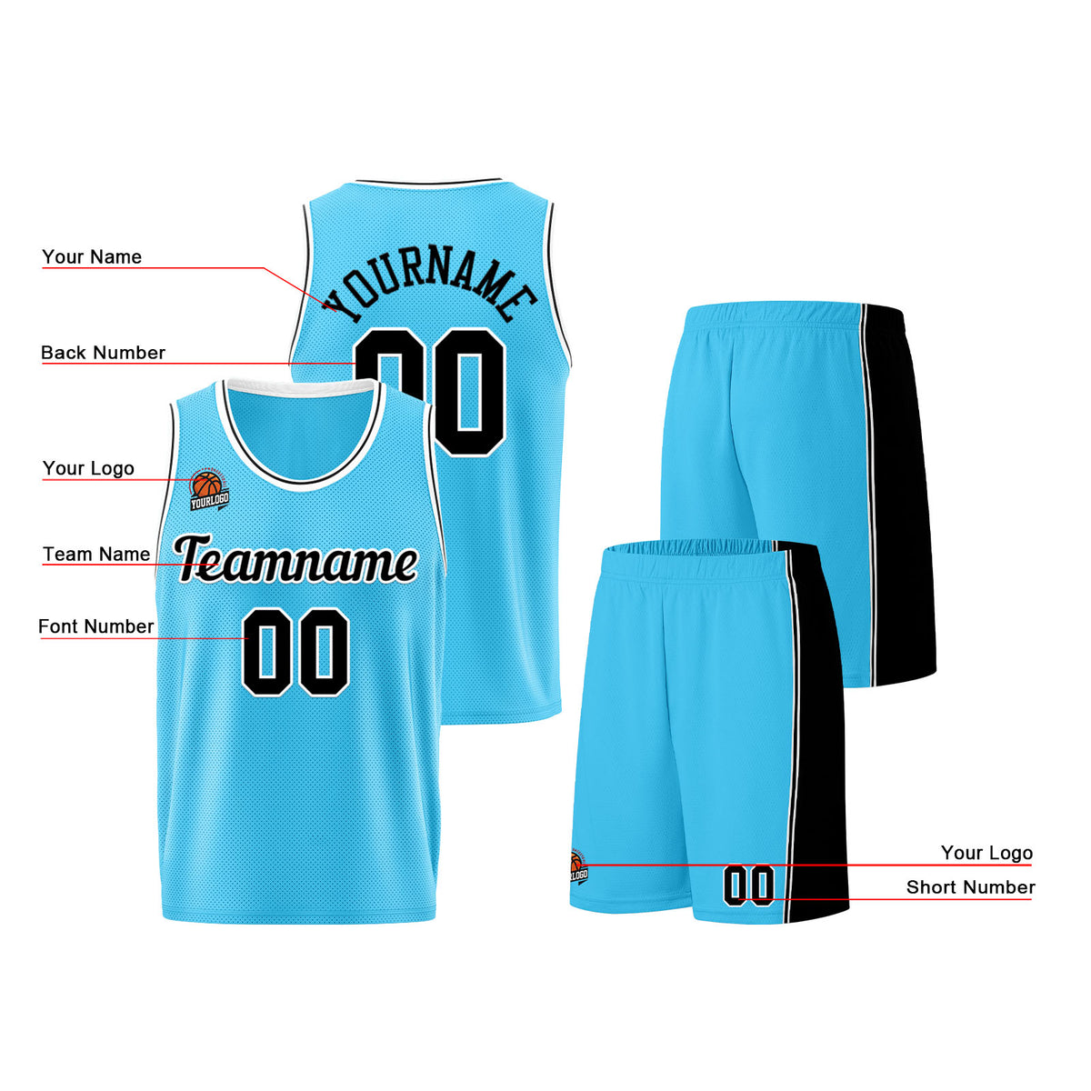 Individuelle Hellblau Schwarz Basketball Jersey Shorts für Männer und Frauen Gestickter und gedruckter Name, Nummer und Logo