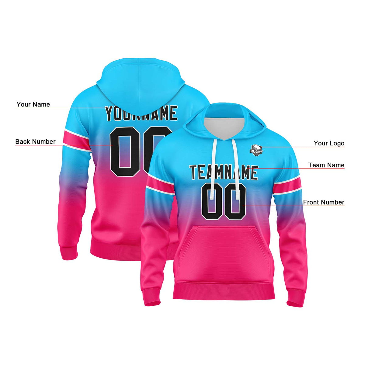 Benutzerdefinierter Verlauf Sweatshirt-Hoodie für Mann, Frau, Mädchen, Junge. Drucken Sie Ihr Logo, Ihren Namen und Ihre Nummer