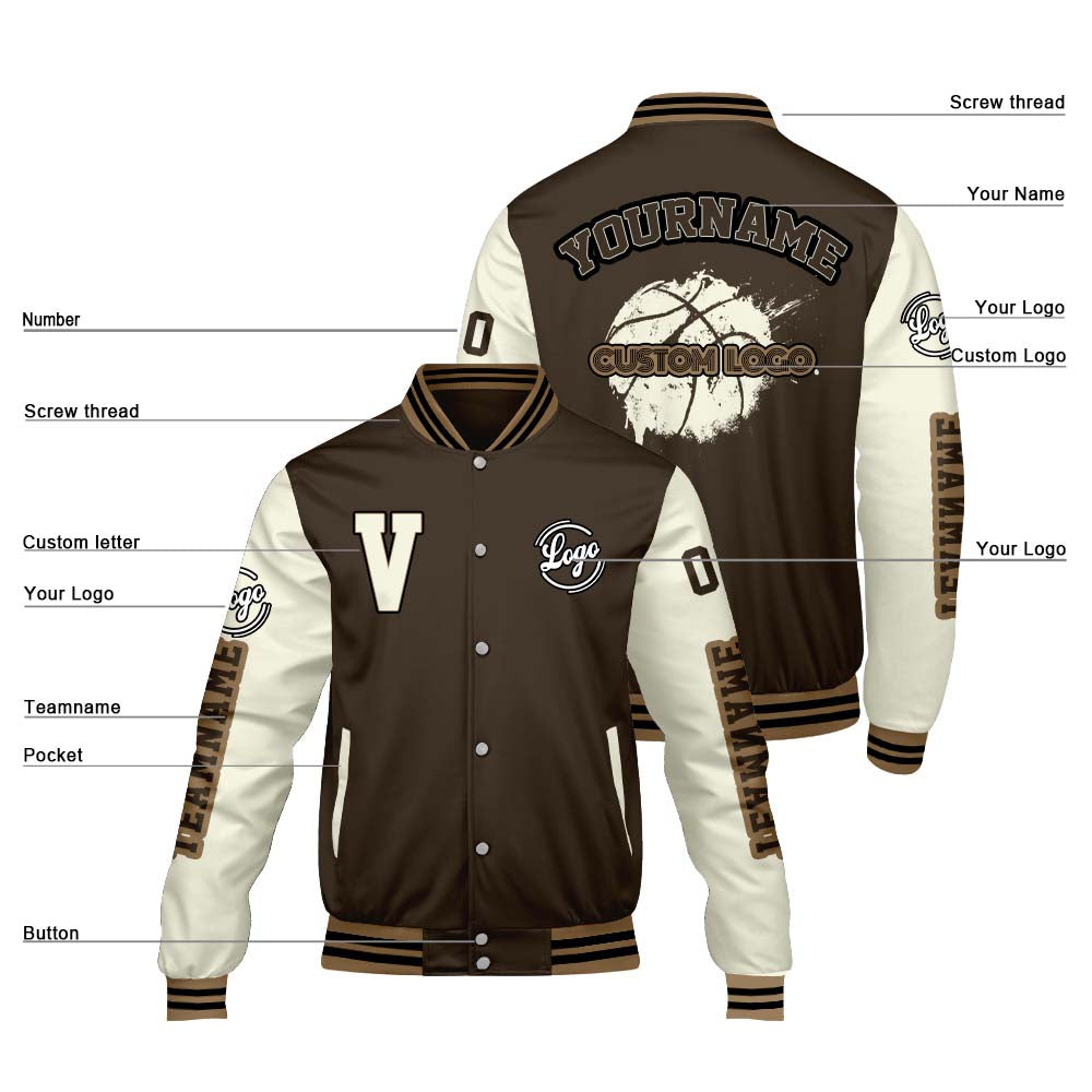 Maßgeschneiderte Braune Creme Letterman Varsity Jacket Individuelle Stickerei Druck nach Ihrem Wunsch
