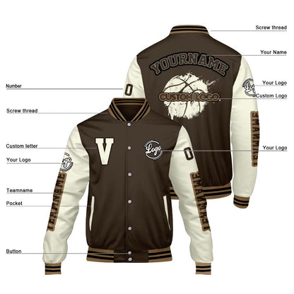 Maßgeschneiderte Braune Creme Letterman Varsity Jacket Individuelle Stickerei Druck nach Ihrem Wunsch