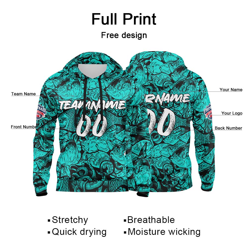 Benutzerdefinierter Sweatshirt-Hoodie für Mann, Frau, Mädchen, Junge. Drucken Sie Ihr Logo, Ihren Namen und Ihre Nummer Teal