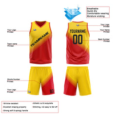 Benutzerdefinierte Gelb Rot Reversible Basketball Jersey Personalisierte Print Name Nummer Logo