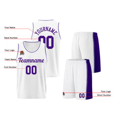 Individuelle Weiß-Lila Basketball Jersey Shorts für Männer und Frauen Gestickter und gedruckter Name, Nummer und Logo