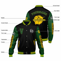 Maßgeschneiderte Schwarz Grün Letterman Varsity Jacket Individuelle Stickerei Druck nach Ihrem Wunsch
