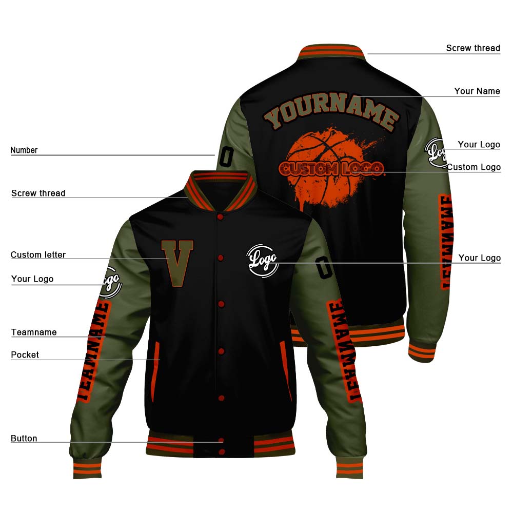 Maßgeschneiderte Schwarz Olivengrün Letterman Varsity Jacket Individuelle Stickerei Druck nach Ihrem Wunsch