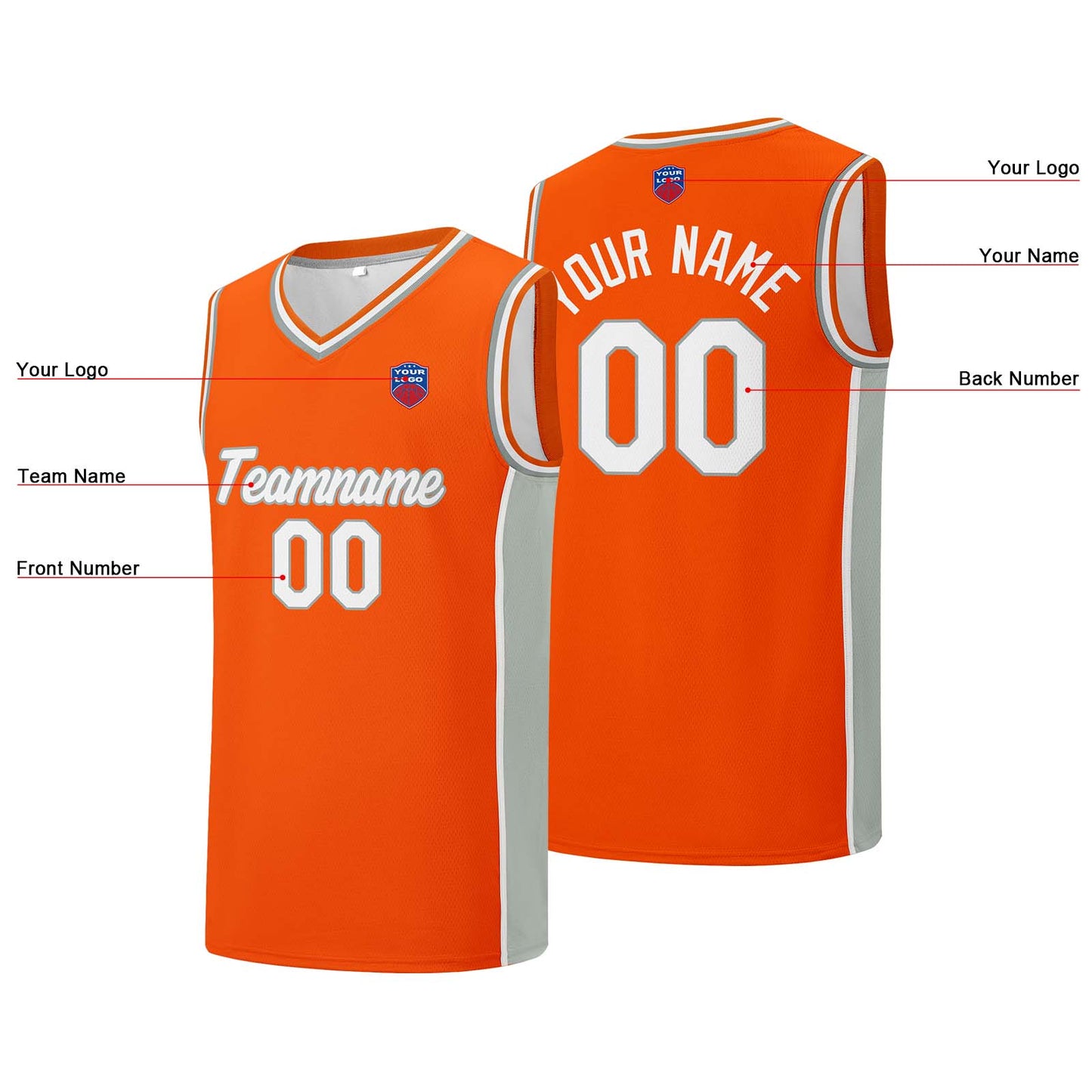 Individuelle Basketball-Jersey-Shorts für Männer und Frauen. Gestickter und gedruckter Name, Nummer und Logo Orange&Grau