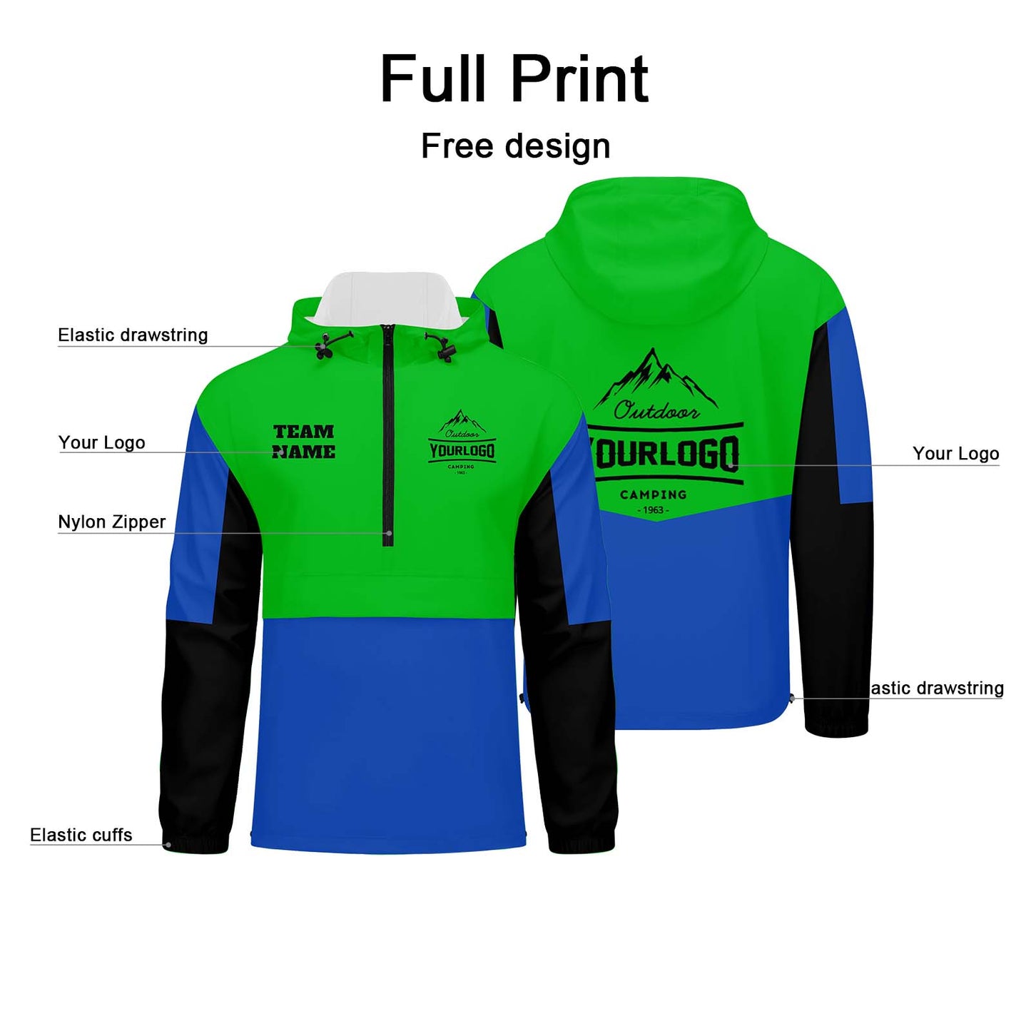 Anpassbare Grün Blau Schwarz Winddichte Softshell Kapuzenjacke - Vollverschluss, Logo- & Text-Druck