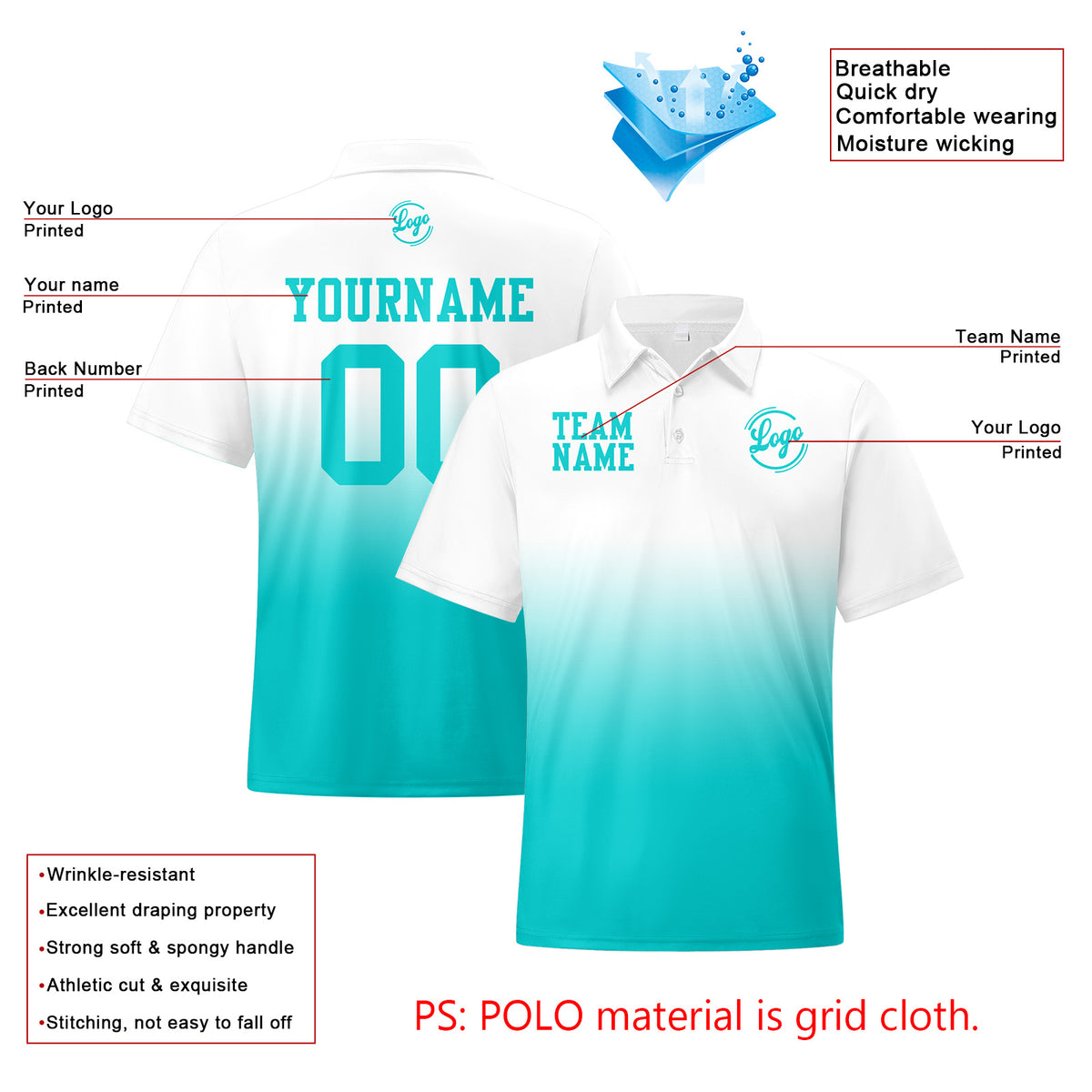 Benutzerdefinierte Weiß Cyan Fußball Gradient Polo-Shirts Fügen Sie Ihr Einzigartiges hinzu Logo/Name/Nummer