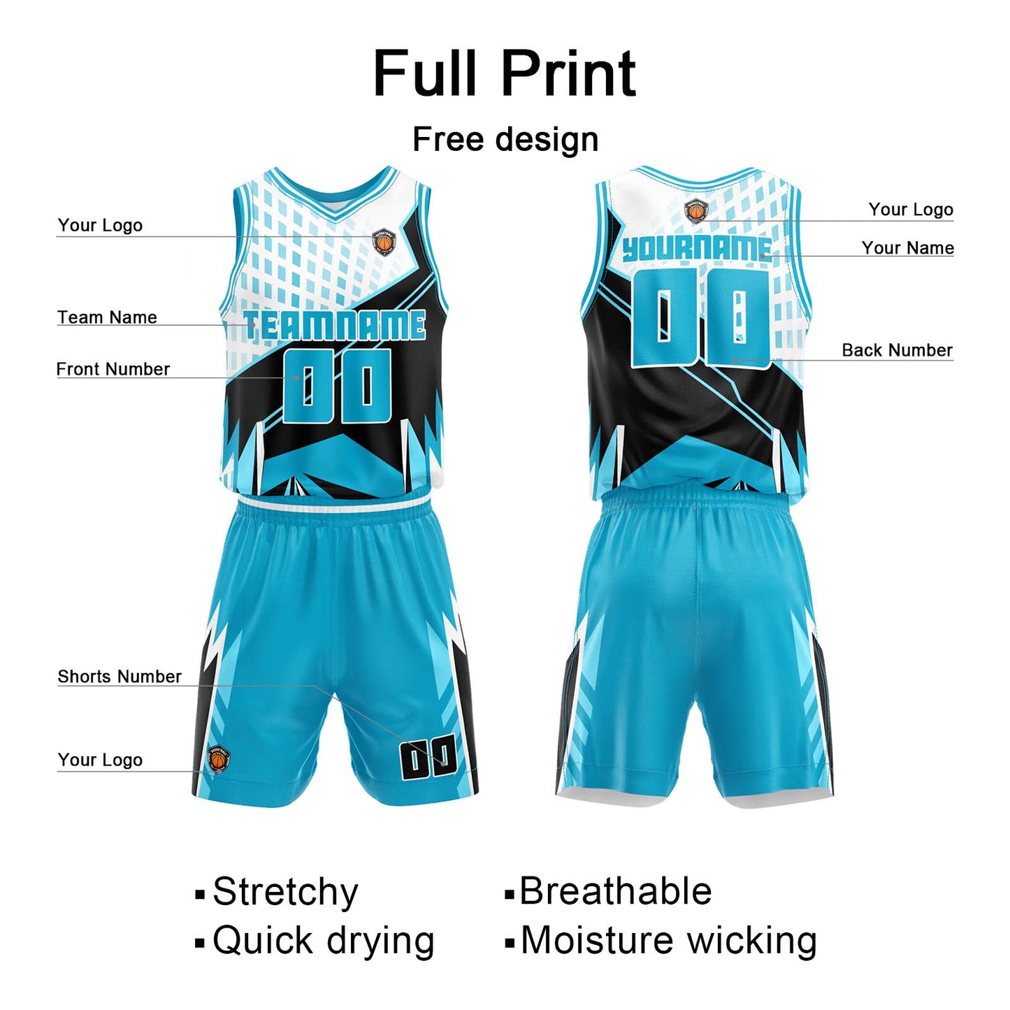 Benutzerdefinierter Hellblau Basketball Jersey Uniform Anzug gedruckt Ihr Logo Name Nummer