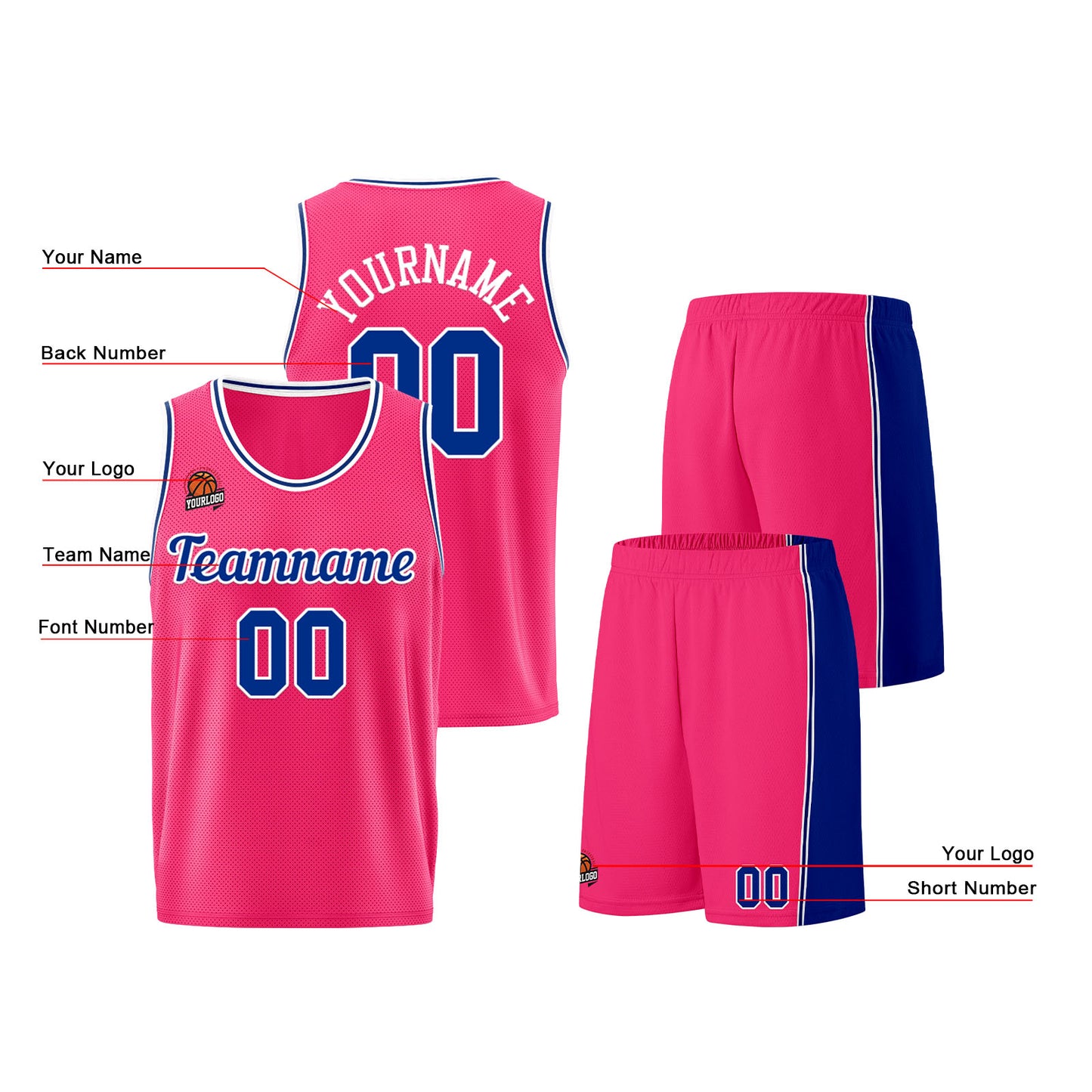 Individuelle Rosa-Königlich Basketball Jersey Shorts für Männer und Frauen Gestickter und gedruckter Name, Nummer und Logo
