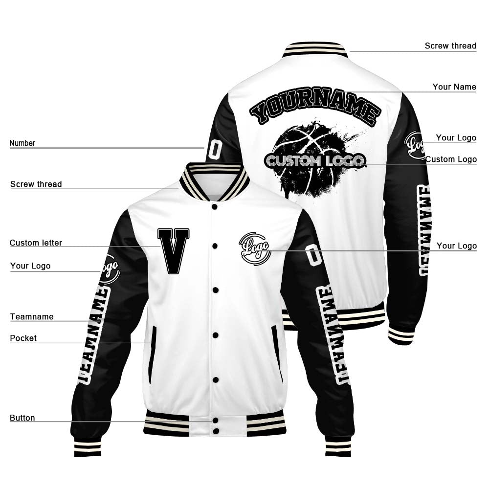 Maßgeschneiderte Weiß Schwarz Letterman Varsity Jacket Individuelle Stickerei Druck nach Ihrem Wunsch