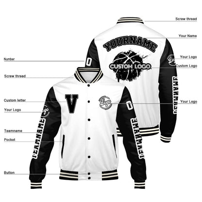 Maßgeschneiderte Weiß Schwarz Letterman Varsity Jacket Individuelle Stickerei Druck nach Ihrem Wunsch