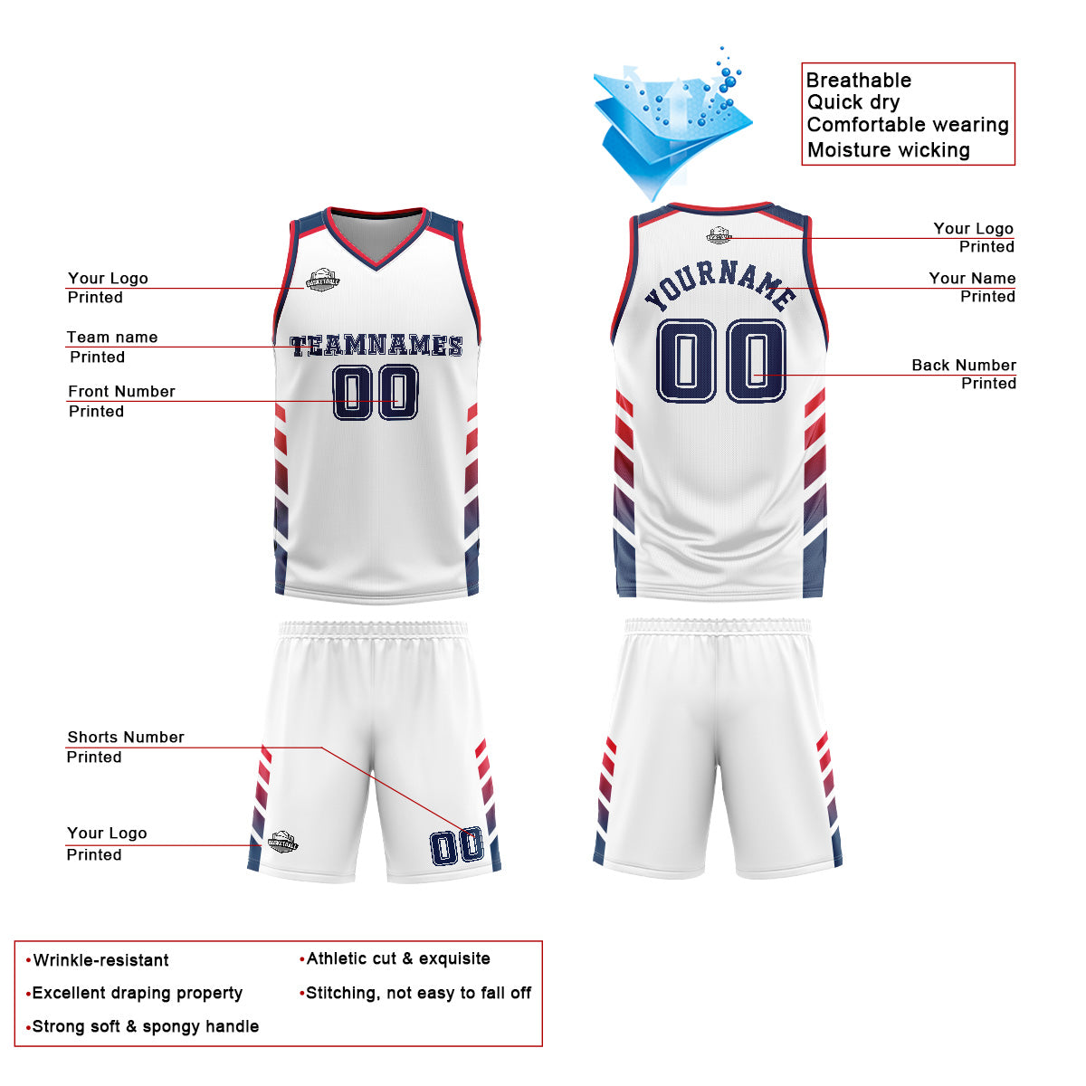 Benutzerdefinierter Weiß Blau Basketball Jersey Uniform Anzug gedruckt Ihr Logo Name Nummer
