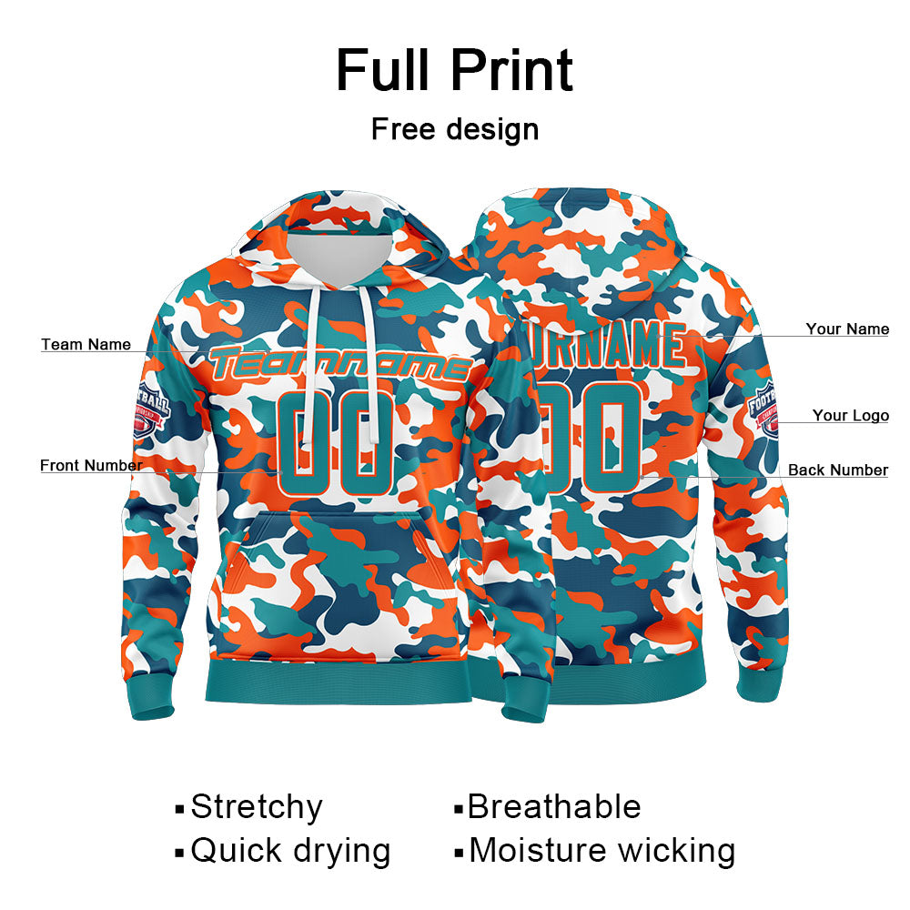 Benutzerdefinierter Sweatshirt-Hoodie für Mann, Frau, Mädchen, Junge. Drucken Sie Ihr Logo, Ihren Namen und Ihre Nummer Aqua-Orange