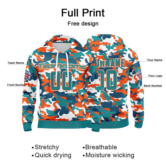 Benutzerdefinierter Sweatshirt-Hoodie für Mann, Frau, Mädchen, Junge. Drucken Sie Ihr Logo, Ihren Namen und Ihre Nummer Aqua-Orange