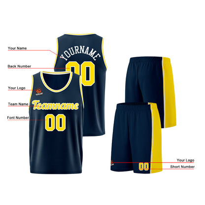 Individuelle Dunkelblau-Gelb Basketball Jersey Shorts für Männer und Frauen Gestickter und gedruckter Name, Nummer und Logo