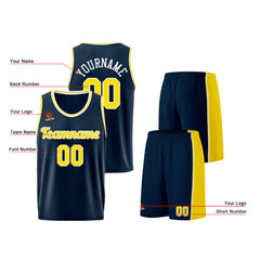 Individuelle Dunkelblau-Gelb Basketball Jersey Shorts für Männer und Frauen Gestickter und gedruckter Name, Nummer und Logo