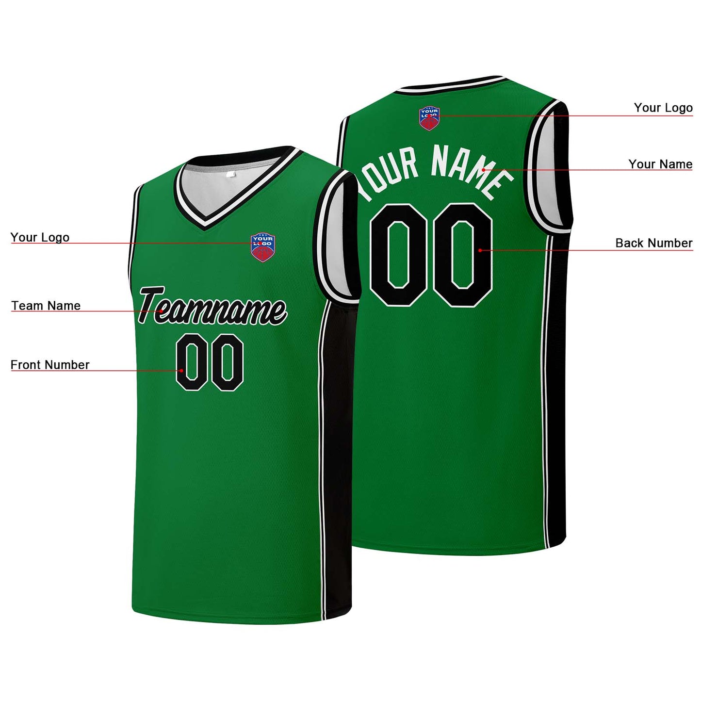 Individuelle Basketball-Jersey-Shorts für Männer und Frauen. Gestickter und gedruckter Name, Nummer und Logo Grün&Schwarz