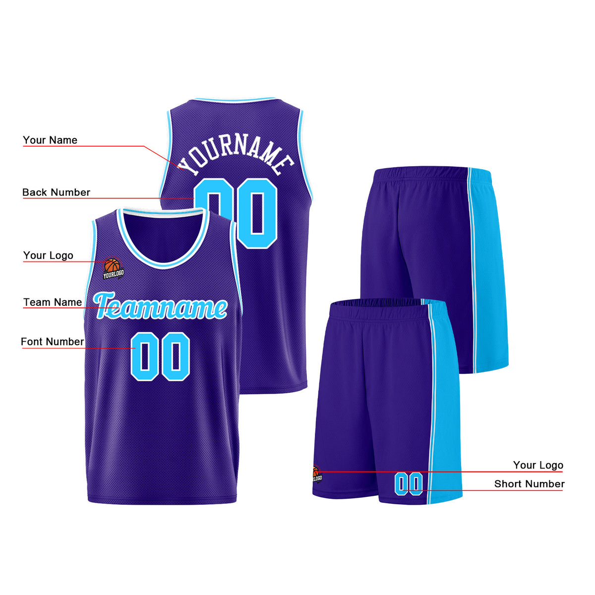 Individuelle Lila Hellblau Basketball Jersey Shorts für Männer und Frauen Gestickter und gedruckter Name, Nummer und Logo