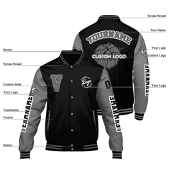 Maßgeschneiderte Schwarzes Grau Letterman Varsity Jacket Individuelle Stickerei Druck nach Ihrem Wunsch