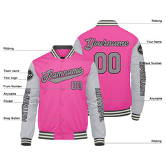 Maßgeschneiderte Rosa Grau Letterman Varsity Jacket Individuelle Stickerei Druck nach Ihrem Wunsch