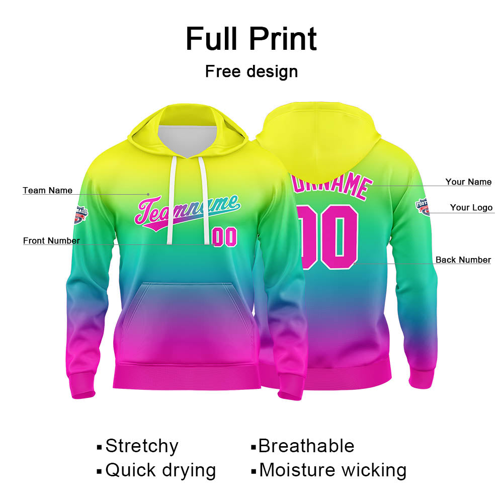 Benutzerdefinierter Verlauf Hoodie für Mann, Frau, Mädchen, Junge. Drucken Sie Ihr Logo, Ihren Namen und Ihre Nummer Gelb Grün