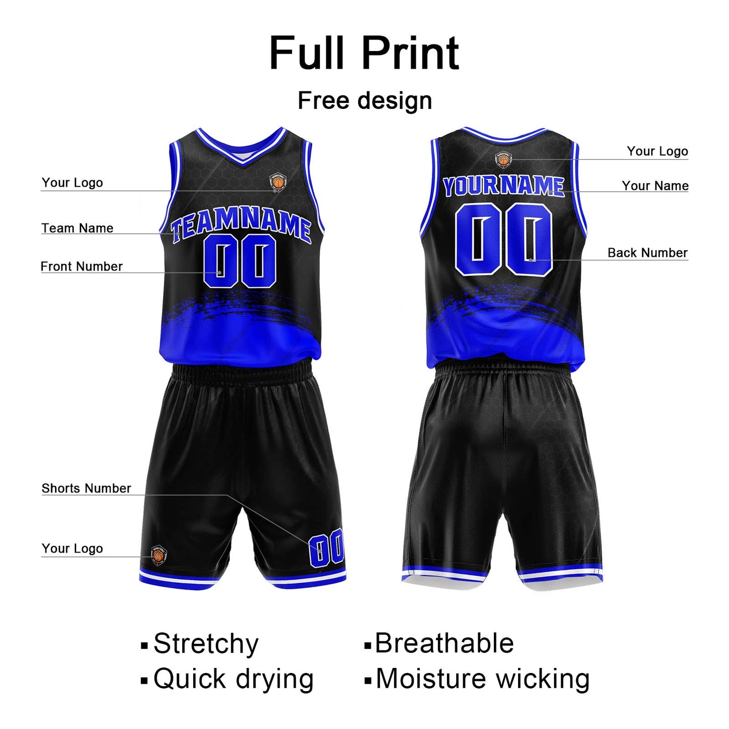 Benutzerdefinierter Schwarz Blau Basketball Jersey Uniform Anzug gedruckt Ihr Logo Name Nummer