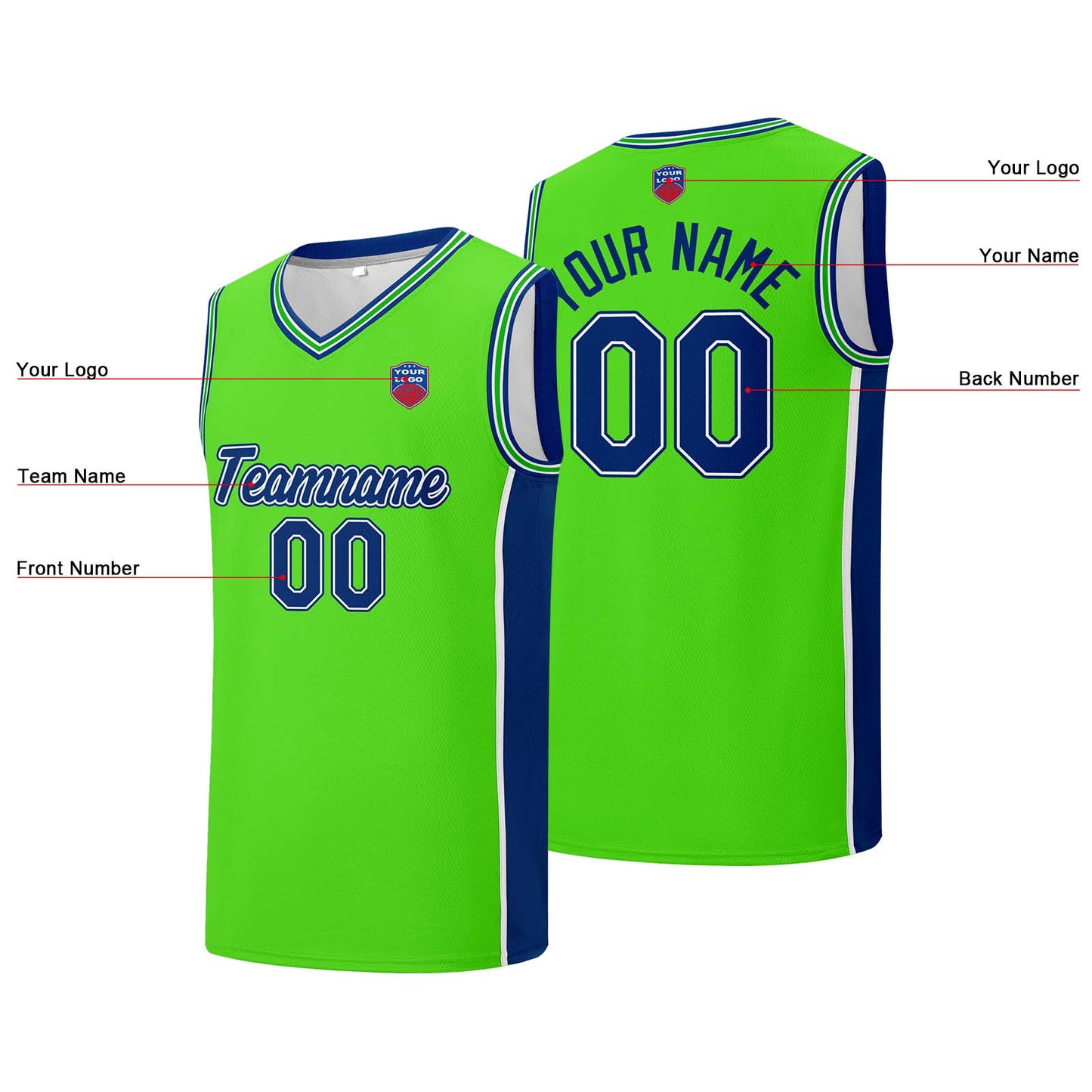 Individuelle Basketball-Jersey-Shorts für Männer und Frauen. Gestickter und gedruckter Name, Nummer und Logo Neon Grün&Royal
