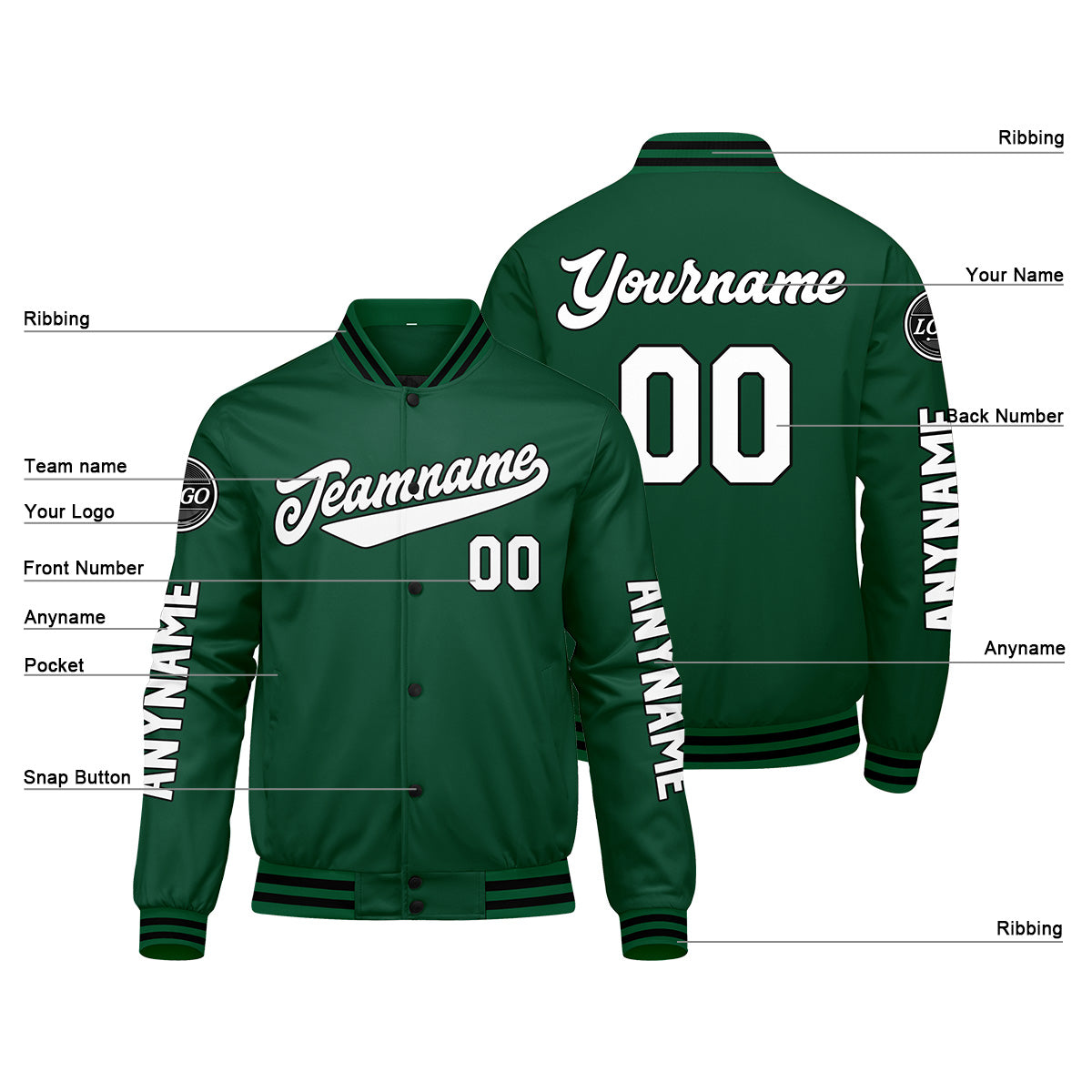 Maßgeschneiderte Grün Schwarz Weiß Letterman Varsity Jacket Individuelle Stickerei Druck nach Ihrem Wunsch