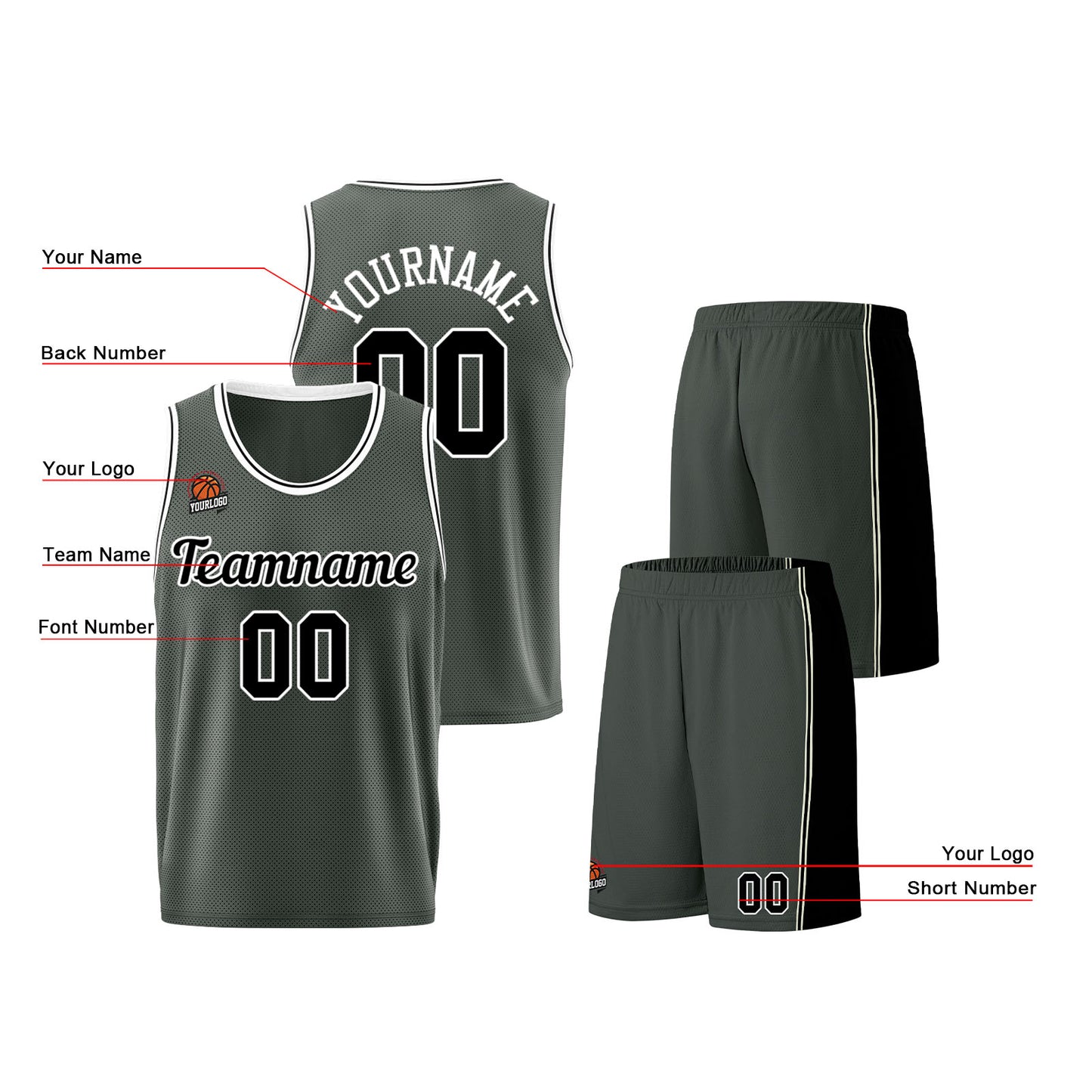 Individuelle Dunkelgrau-Schwarz Basketball Jersey Shorts für Männer und Frauen Gestickter und gedruckter Name, Nummer und Logo