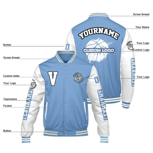 Maßgeschneiderte Bleischblau Weiß Letterman Varsity Jacket Individuelle Stickerei Druck nach Ihrem Wunsch