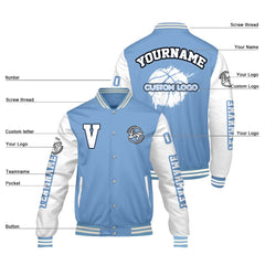Maßgeschneiderte Bleischblau Weiß Letterman Varsity Jacket Individuelle Stickerei Druck nach Ihrem Wunsch