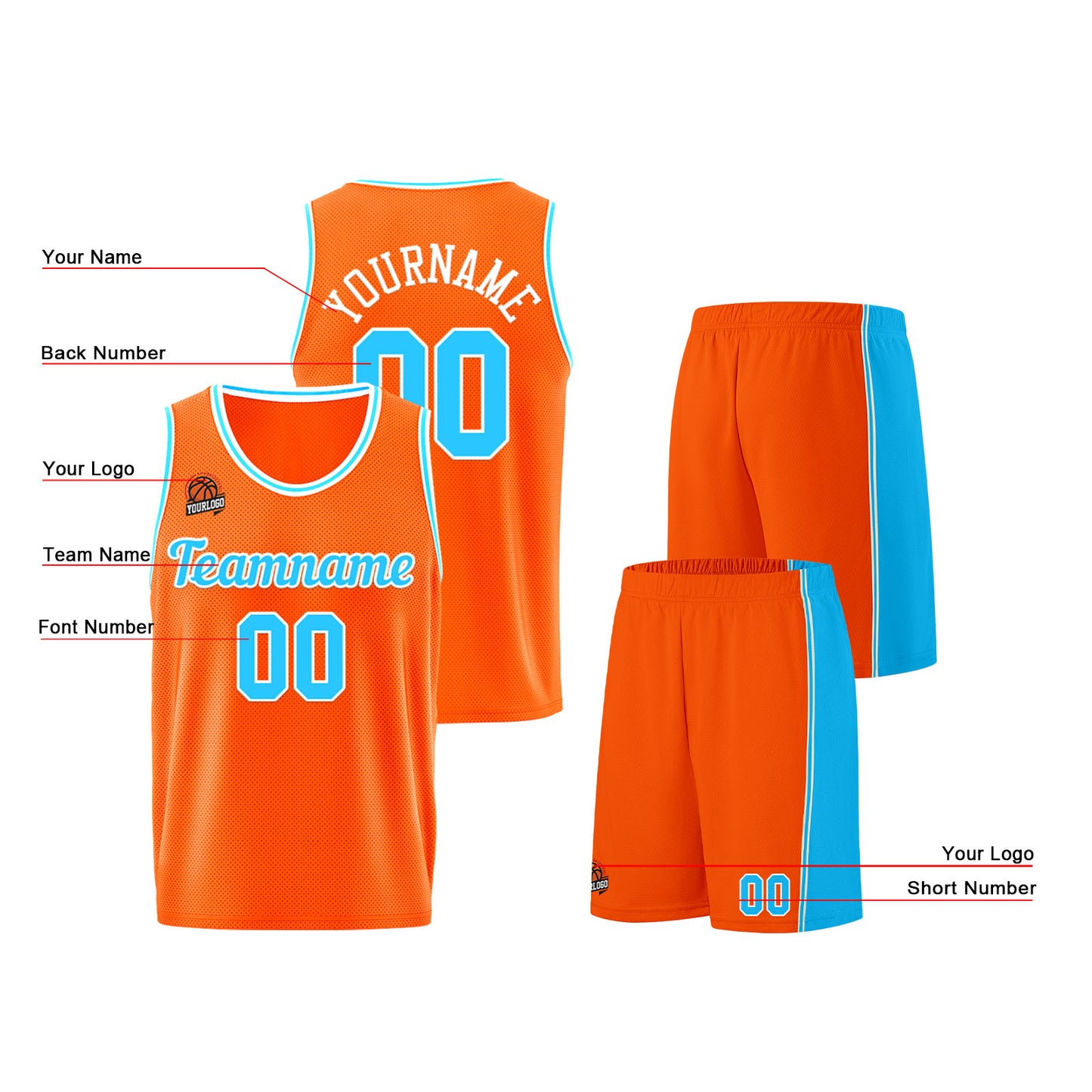Individuelle Orange-Hellblau Basketball Jersey Shorts für Männer und Frauen Gestickter und gedruckter Name, Nummer und Logo