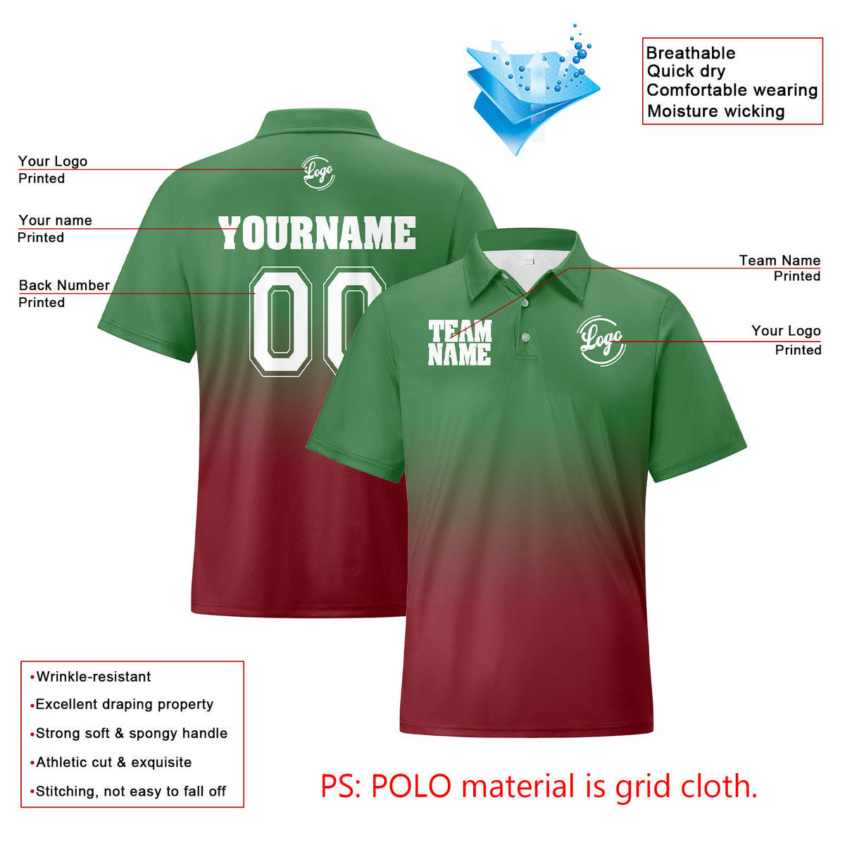 Benutzerdefinierte Grünes Burgund Fußball Gradient Polo-Shirts Fügen Sie Ihr Einzigartiges hinzu Logo/Name/Nummer